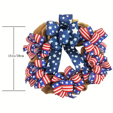 American Flag Independence Day Burlap Wreath For Front Door Patriotic Red White Blue Star Stripe Ribbon Bow Decor Home Garden Ornament