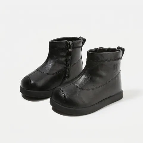 Botas de Cuero de Invierno para Niños Estilo Coreano Zapatos para Niños Pequeños Forrados con Felpa Cálida Cremallera Lateral