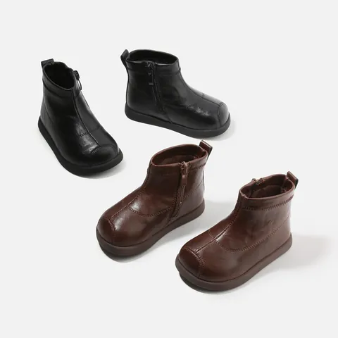 Botas de Cuero de Invierno para Niños Estilo Coreano Zapatos para Niños Pequeños Forrados con Felpa Cálida Cremallera Lateral