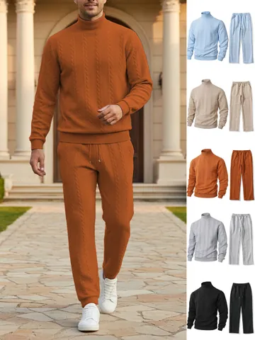 Tuta da Uomo in Maglia a Trecce Jacquard Ispessita con Maglione a Collo Alto e Pantaloni Set Sportivo Casual Invernale Taglia Europea