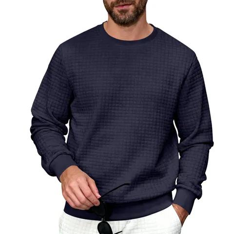Men's Crewneck Sweatshirt Acrylic Knitted Grid Texture Long Sleeve Waffle Retro Casual Sporty Top Spring Autumn Pullover