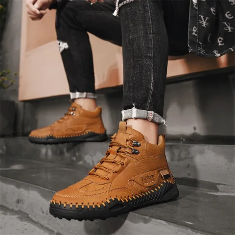 Herren Martin Boots Outdoor Freizeit Mikrofaser Lederschuhe Handgenäht Rutschfest Mid-Top Wanderschuhe Vintage Workwear Schuhe