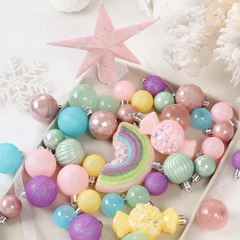 Macaron Color Christmas Ball Ornaments Set Plastic Colorful Hanging Decorations For Christmas Tree Party Home Holiday Decor