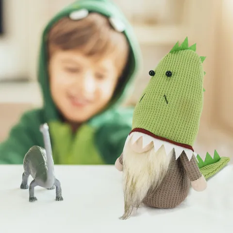 Bambola senza Volto Gnomo Dinosauro Verde Fatta a Mano Statuetta Rudolph Peluche Ornamento per la Casa Minimalista Animale Decorazione