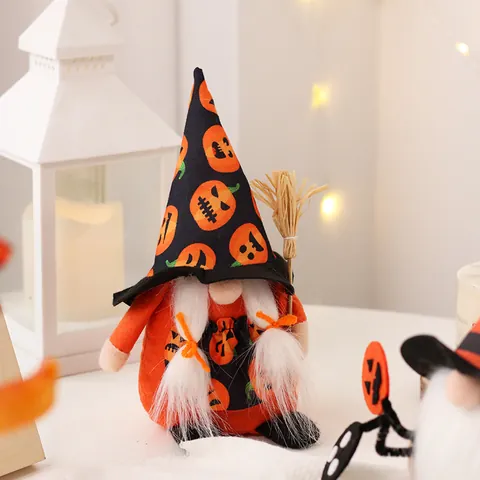 Halloween Gnome Witch Plush Doll Faceless Old Man Desktop Ornament With Pumpkin Patterns Straw Broom For Home Party Decor