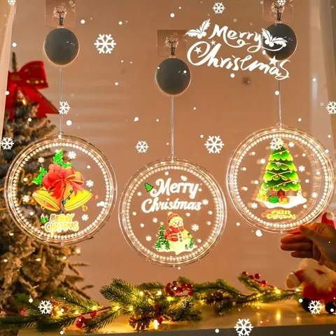 Luce Sospesa a Ventosa a LED di Natale in Plastica Dipinta a Forma Circolare Decorazione per Finestra per Centro Commerciale Casa Festa