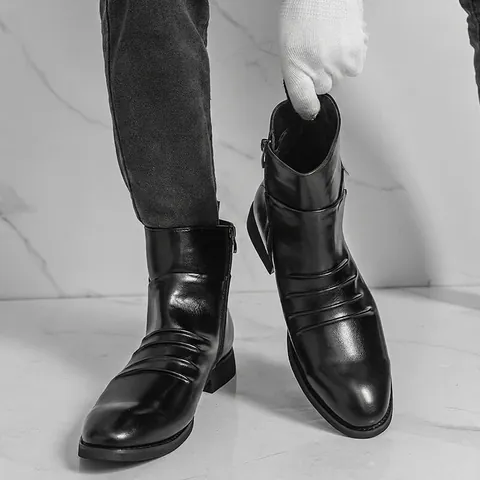 Bottines Chelsea Rétro Britanniques pour Hommes Bout Pointu Cuir PU Augmentation de Taille Fermeture Éclair Latérale Plissées Mode