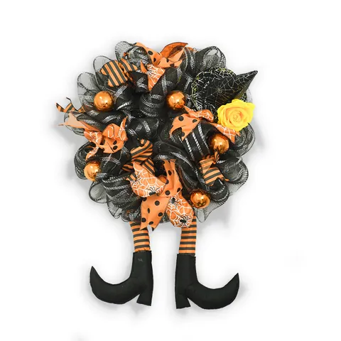 Halloween Hexe Bein Kranz Schwarz Orange Band Netz Girlande Mit Hexe Hut Stiefel Für Haustür Wand Dekoration Party Dekor