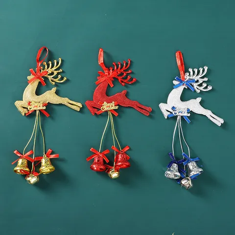 Christmas Reindeer Hanging Ornament With Bells And Bowknot Glitter Elk Decoration For Christmas Tree Home Party Festive Gift