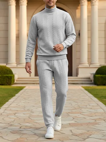 Tuta da Uomo in Maglia a Trecce Jacquard Ispessita con Maglione a Collo Alto e Pantaloni Set Sportivo Casual Invernale Taglia Europea