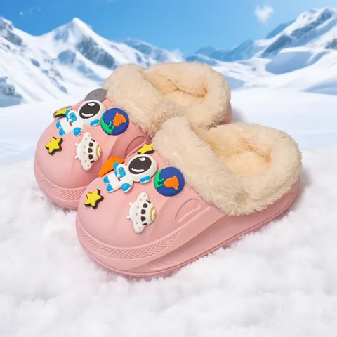 Kids EVA Cotton Slippers Warm Plush Lining Space Astronaut Theme Anti-Slip Indoor Home Shoes For Boys Girls Winter Casual Clogs