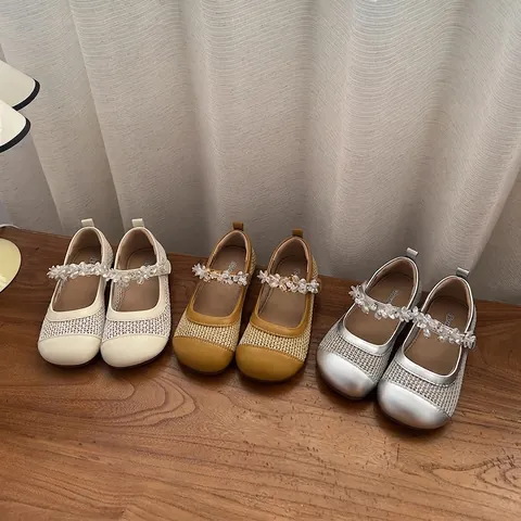 Toddler Girls Mary Jane Shoes Mesh Princess Flats Rhinestone Crystal Buckle Soft Sole Breathable Daily Party Shoes
