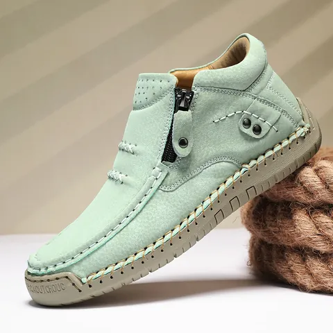 Women's High Top Casual Shoes PU Leather Handmade Stitched Outdoor Sneakers Flat Slip-on Loafers With Side Zipper Plus Size Shoes