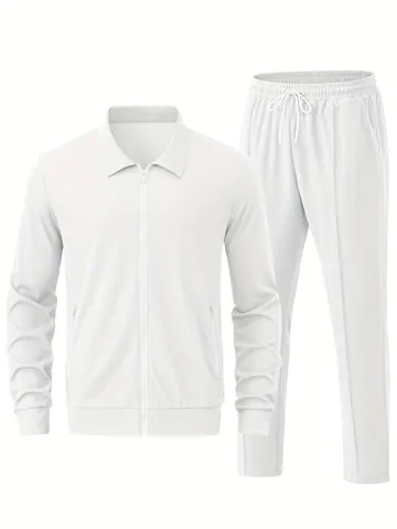 Survêtement en Maille Gaufre pour Hommes Polyester Veste à Revers et Pantalon Casual Slim Fit Top And Bottom