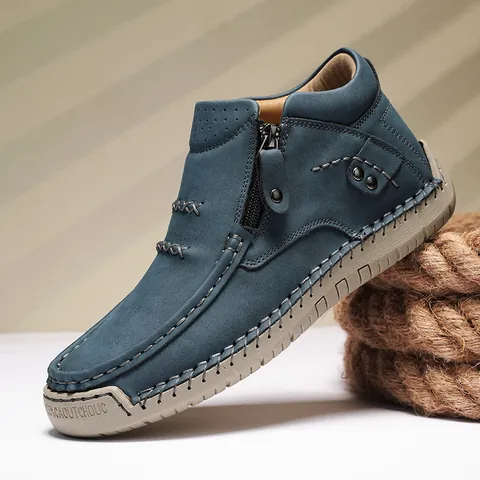 Women's High Top Casual Shoes PU Leather Handmade Stitched Outdoor Sneakers Flat Slip-on Loafers With Side Zipper Plus Size Shoes