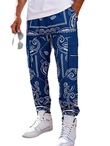 Men High Street Hip Hop Cargo Pants Paisley Print Multi Pocket Drawstring Waist West Coast Style Loose Tapered Bottoms