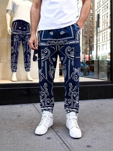 Men High Street Hip Hop Cargo Pants Paisley Print Multi Pocket Drawstring Waist West Coast Style Loose Tapered Bottoms