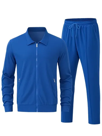 Survêtement en Maille Gaufre pour Hommes Polyester Veste à Revers et Pantalon Casual Slim Fit Top And Bottom