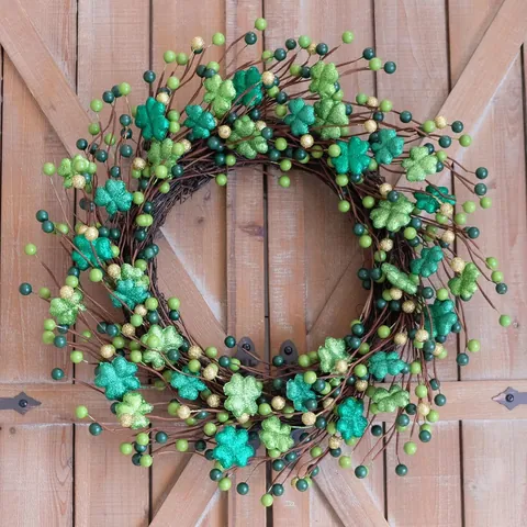 St Patrick's Day Clover Wreath Irish Shamrock Garland With Green Gold Berries Rattan Ring For Front Door Home Hanging Decoration