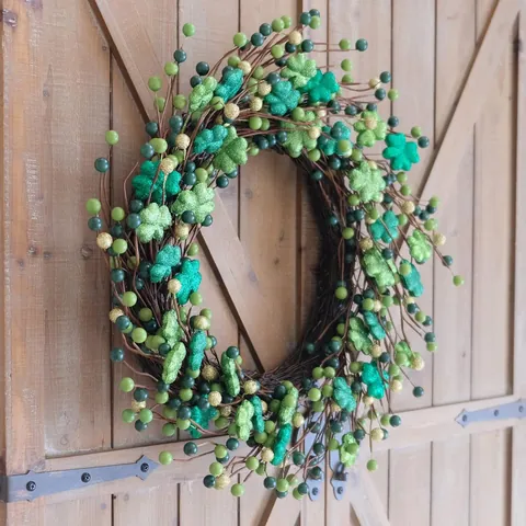 St Patrick's Day Clover Wreath Irish Shamrock Garland With Green Gold Berries Rattan Ring For Front Door Home Hanging Decoration