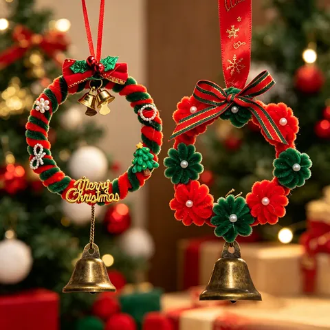 Ghirlanda di Natale Fatta a Mano Ciondolo in Ciniglia Con Campana Fiocco Decorazione per Feste Albero di Natale Interni Auto