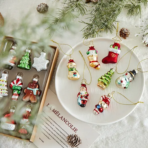 Christmas Glass Ornament Set Hand Painted Santa Claus Snowman Gingerbread Man Hanging Decor For Xmas Tree Home Holiday Decoration