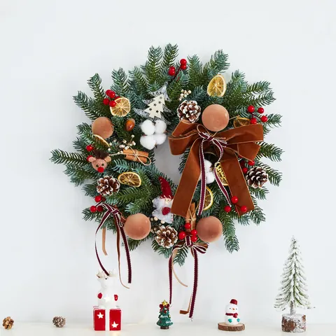 Christmas Wreath Teardrop Tree PE PVC With LED Lights Khaki Red Bow Pinecones Wall Hanging Decoration For Home Hotel Mall
