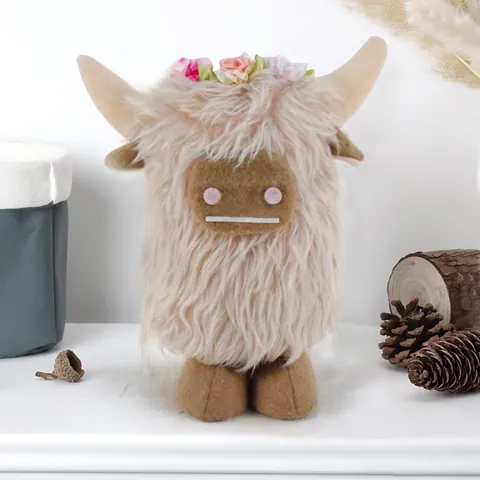 Scottish Highland Cow Plush Toy Long Furry Cattle Doll With Flower Crown Christmas Home Decor Stuffed Animal Ornament Gift