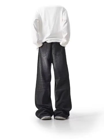 Men Retro Yellow Mud Dye Washed Jeans Loose Straight Wide Leg Cotton Stretch Denim Pants Hip Hop Streetwear Trousers