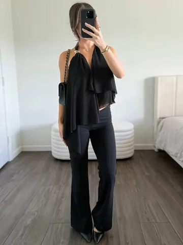 Women Sexy Halter Backless V-Neck Camisole Irregular Mesh Hem Top With Metal Ring Decor Sleeveless Streetwear Vest