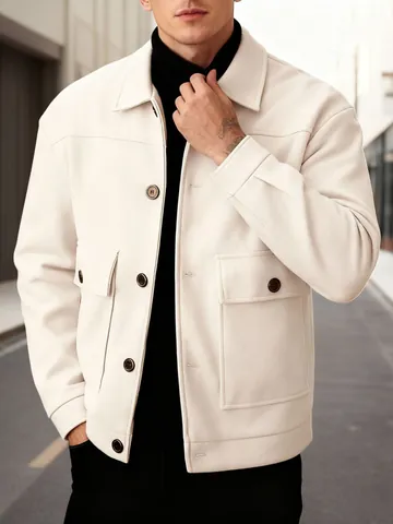 Men's Solid Color Lapel Patch Pocket Workwear Style Woolen Jacket Single Breasted Loose Fit Polyester Casual Outerwear Jacket For Men Urban Fashion