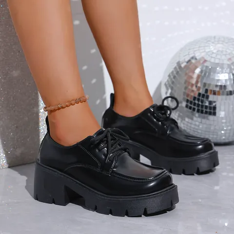 Women British Style Chunky High Heel Platform Loafers PU Leather Lace-up Round Toe Non-slip Casual Shoes Black