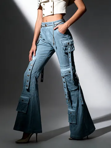Jeans Évasés à Taille Haute Style Occidental Avec Poches Cargo Chaîne en Métal Lanières Pantalon en Denim Streetwear pour Femmes