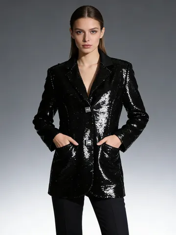 Women Sequin Patchwork Blazer Jacket Fashion Long Sleeve Open Front Coat For Party Evening Night Out Streetwear