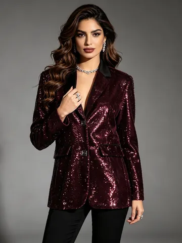 Women Sequin Patchwork Blazer Jacket Fashion Long Sleeve Open Front Coat For Party Evening Night Out Streetwear