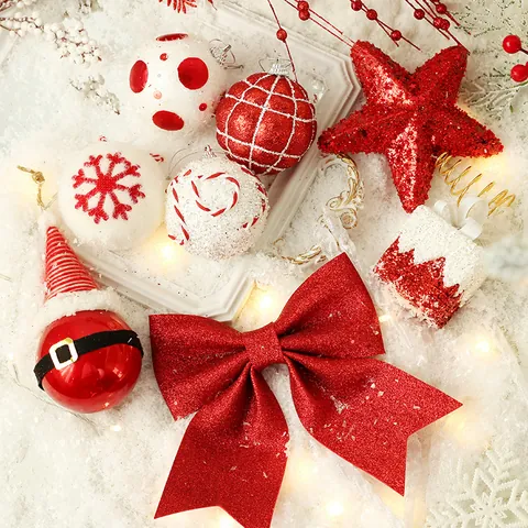 Red And White Glitter Christmas Tree Top Star Bow Ball Ornament Assortment Foam Plastic Holiday Hanging Decor Collection