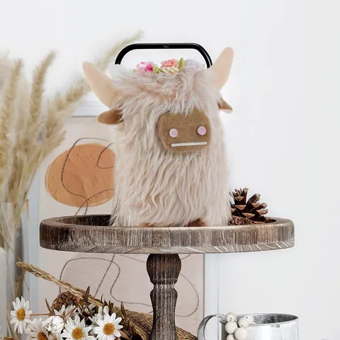 Scottish Highland Cow Plush Toy Long Furry Cattle Doll With Flower Crown Christmas Home Decor Stuffed Animal Ornament Gift