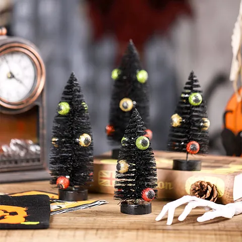 Mini Árbol Decorativo de Globo Ocular de Halloween Adorno de Escritorio Espeluznante para Fiesta Árbol de Sisal Negro con Ojos de Purpurina