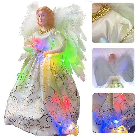 Led Glowing Angel Christmas Tree Topper Figurine With Feather Wings White Gold Fabric Desktop Holiday Ornament