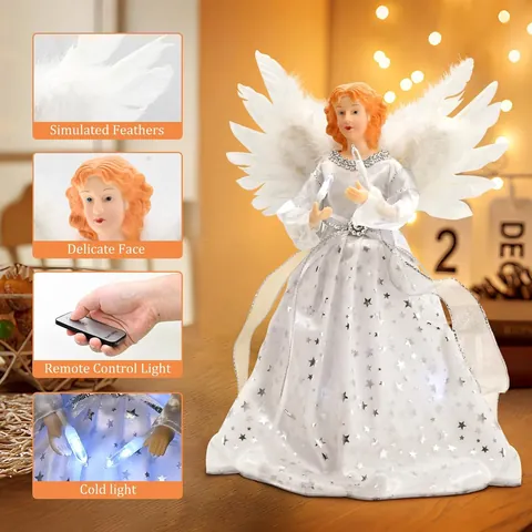 Christmas Tree Topper Angel With LED Lights White Feather Wings Star Pattern Dress Elegant Holiday Tree Ornament Decor