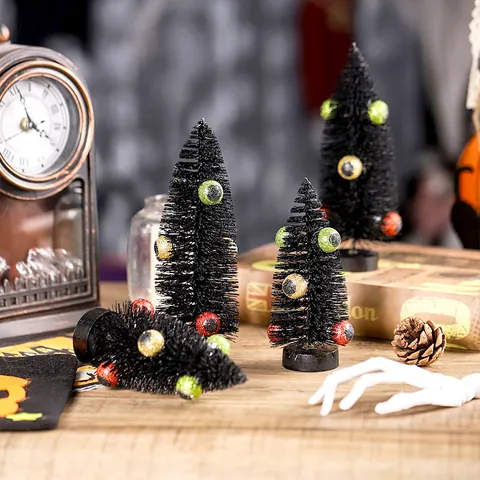 Mini Árbol Decorativo de Globo Ocular de Halloween Adorno de Escritorio Espeluznante para Fiesta Árbol de Sisal Negro con Ojos de Purpurina
