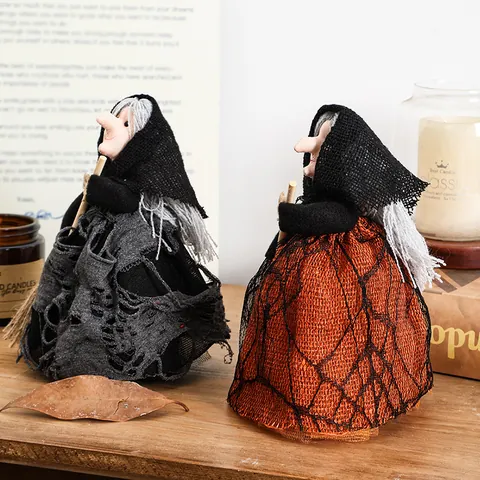 Halloween Witch Tree Topper Ornament With Broom Handcrafted Satin Mesh Witch Doll For Festive Party Home Table Decoration