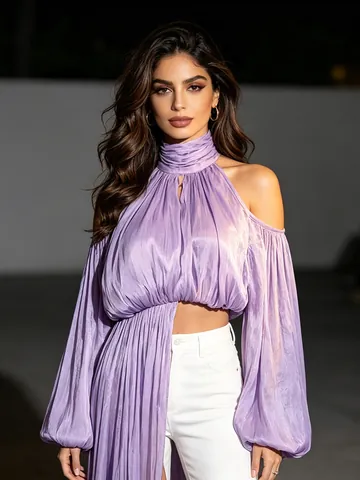 Damen Halterneck Schulterfrei Plissee Top Unregelmäßiger Saum Lange Laternenärmel Satin Bluse Lässiges Party Set