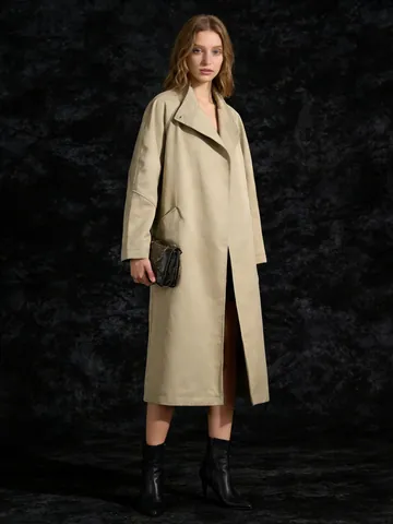 Trench Lungo da Donna in Stile Britannico Moda Coreana Khaki Poliestere Antivento Con Bottoni Revers Soprabito per Uso Quotidiano