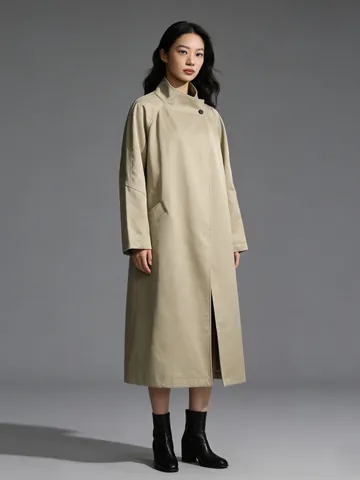 Trench Lungo da Donna in Stile Britannico Moda Coreana Khaki Poliestere Antivento Con Bottoni Revers Soprabito per Uso Quotidiano