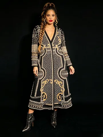 Luxury Women Long Blazer Coat Baroque Geometric Printed Heavy Beadwork Artificial Pearl Polyester Windbreaker Jacket Top