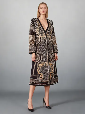 Luxury Women Long Blazer Coat Baroque Geometric Printed Heavy Beadwork Artificial Pearl Polyester Windbreaker Jacket Top