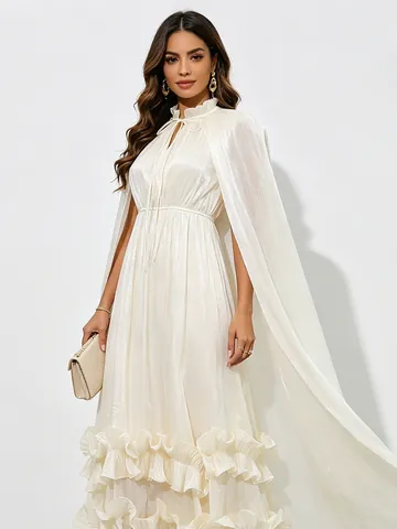 French Style Luxury Cape Maxi Dress For Women Summer New High Waist Lace Trim Slim Fit Elegant Evening Party Gown
