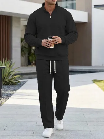 Men's Casual Waffle Knit Tracksuit Set Stand Collar Half-Zip Long Sleeve Sweatshirt And Long Pants Loose Sweatsuit Set