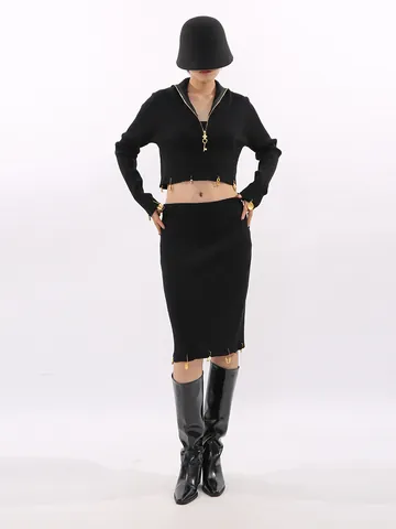 Vintage Elegant Slim Fit Crop Top And Bodycon Midi Skirt Top And Bottom For Women Retro Knit Pencil Skirt Suit